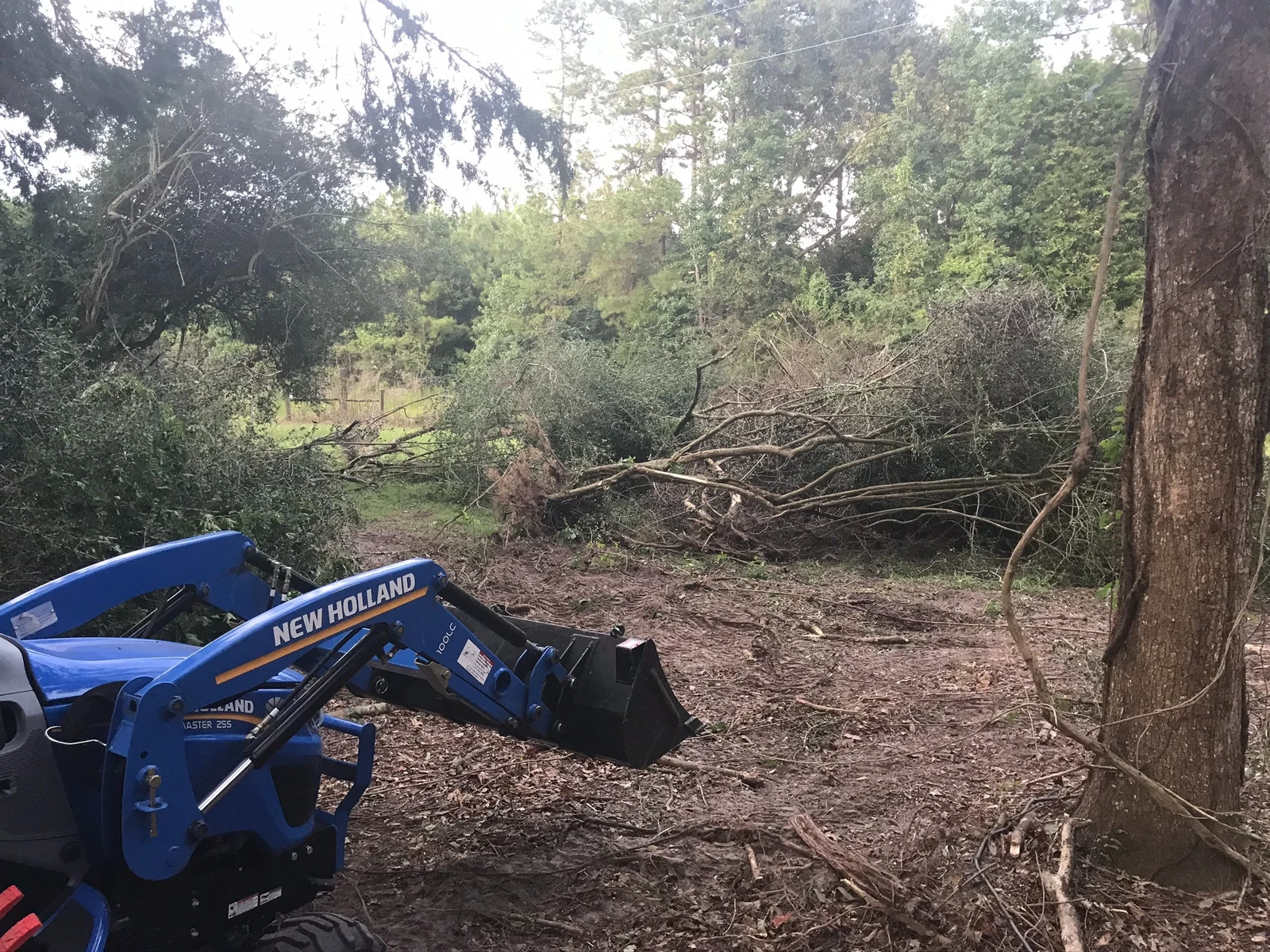 New Holland tractor clearing brush and debris